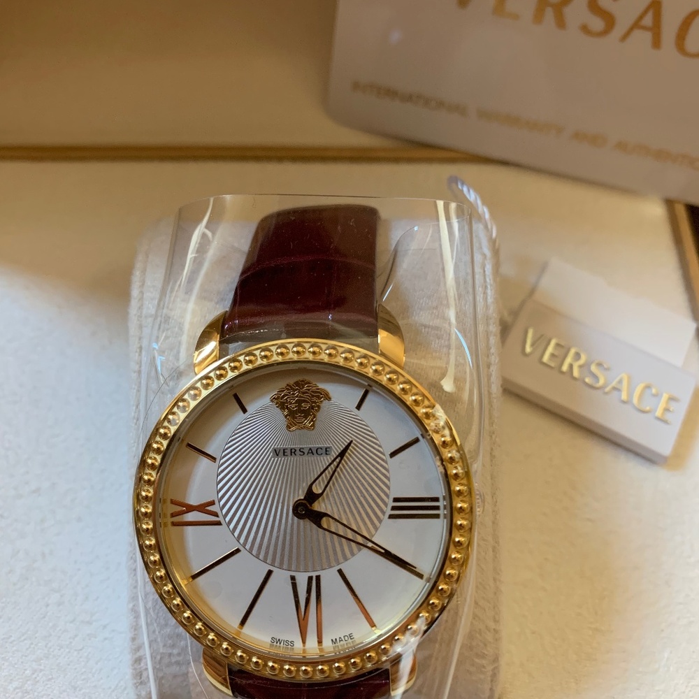 Versace V-Helix Silver Dial Burgundy Leather Watch
